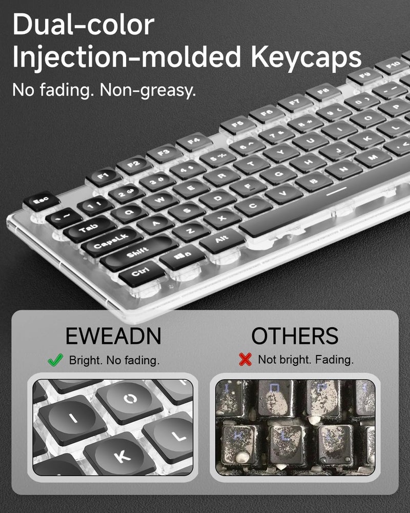 SEUNKWANG لوحات مفاتيح الكمبيوتر EWEADN GX710S مضاءة من الخلف، لوحة مفاتيح USB سلكية مع إضاءة خلفية بيضاء، لوحة معدنية، توصيل وتشغيل، مفاتيح كاب كيك كاملة الحجم، لوحة مفاتيح كمبيوتر هادئة للويندوز/الكمبيوتر/اللابتوب - أسود - Image 3